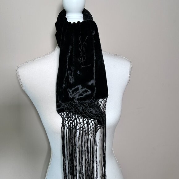 Yves Saint Laurent by Tom Ford Fall 2001 Runway Logo Black Velvet Silk Scarf - Picture 7 of 10